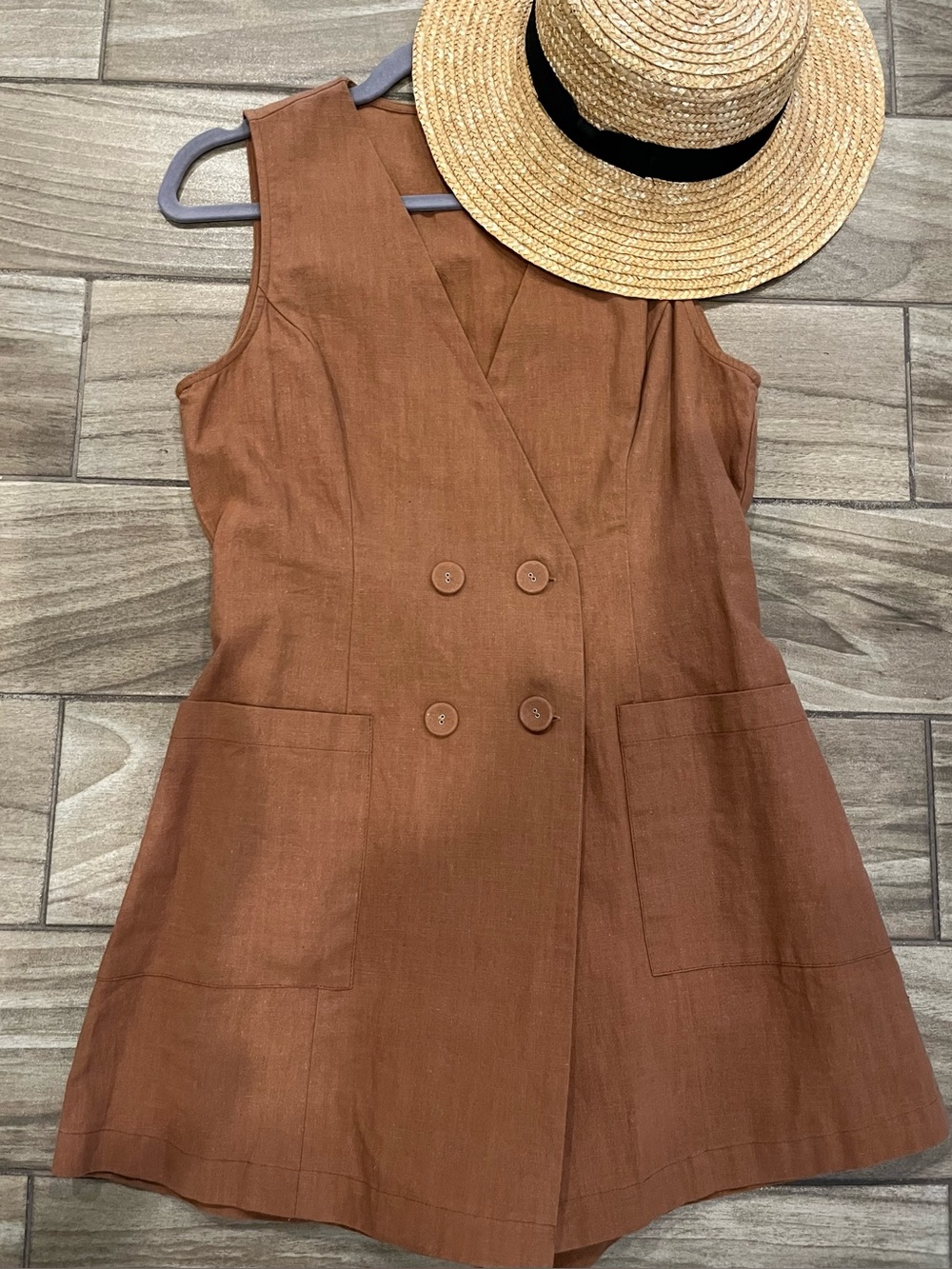 Lost + Wander Sleeveless Double-Breasted Romper in Rust M